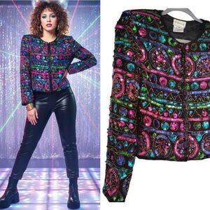 VTG 80s Stenay Black Colorful Sequins Beaded Silk Formal Disco Jacket Small